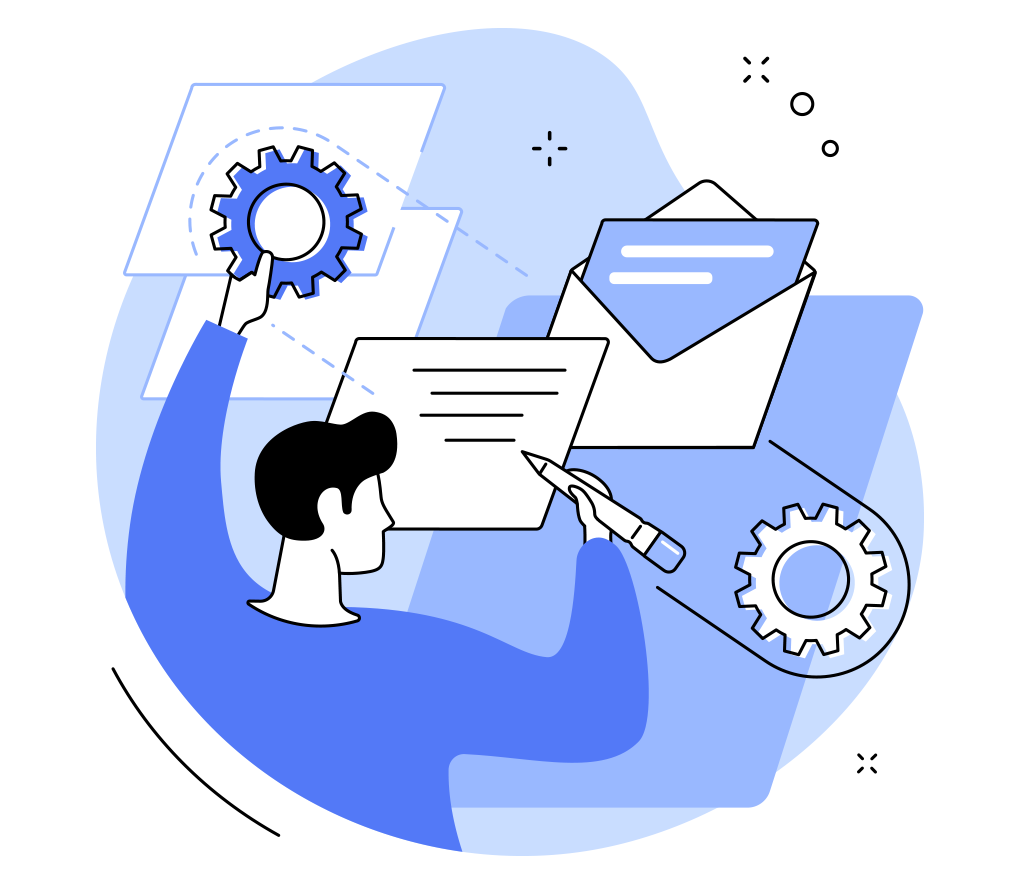 Decorative graphic of man filling out form